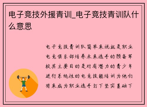 电子竞技外援青训_电子竞技青训队什么意思